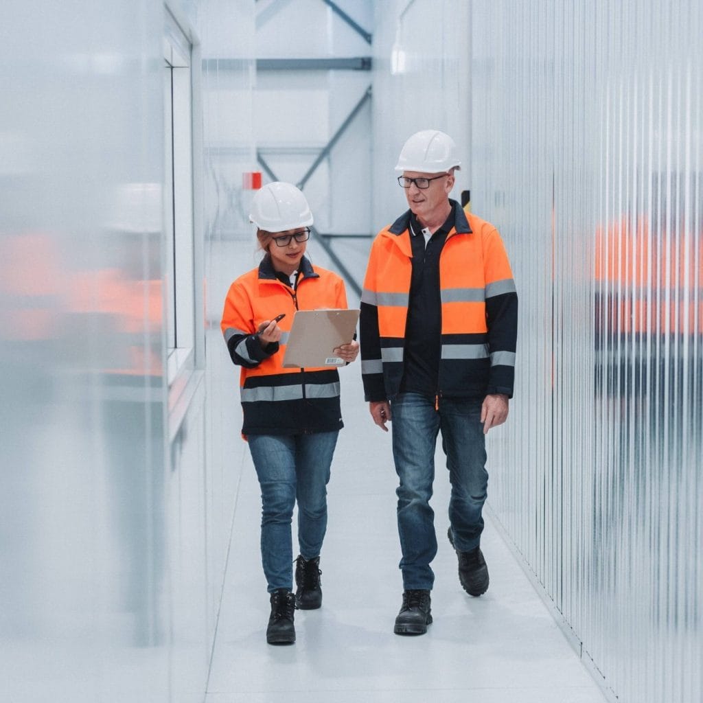 Climascope air con and refrigeration technicians on site in hard hats and hi-vos